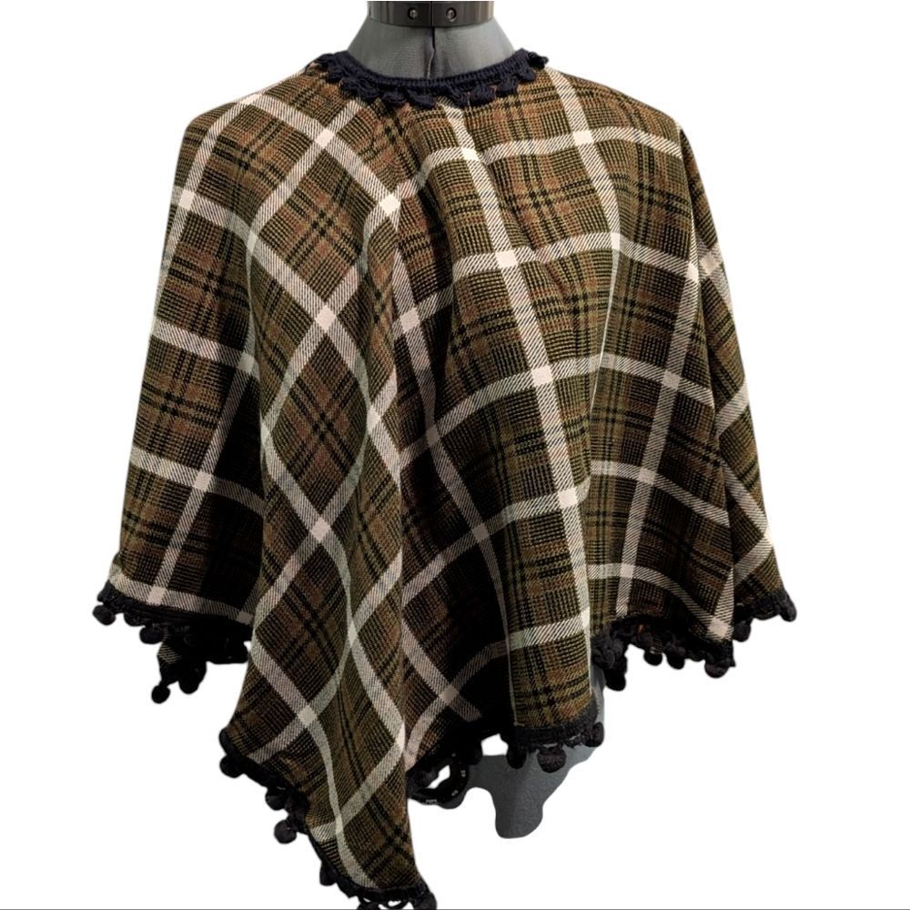 70s Vintage Wool Plaid‎ Poncho & Matching Skirt with Pom Pom Trim MCM